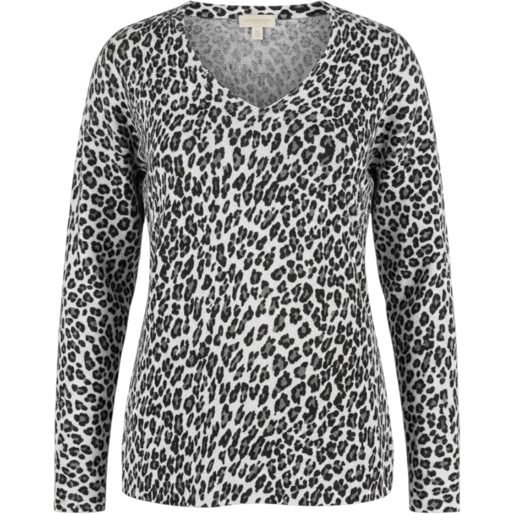 Liz Claiborne Sweater Women Large Gray Leopard Print V-Neck Cotton Knit Y2K Chic